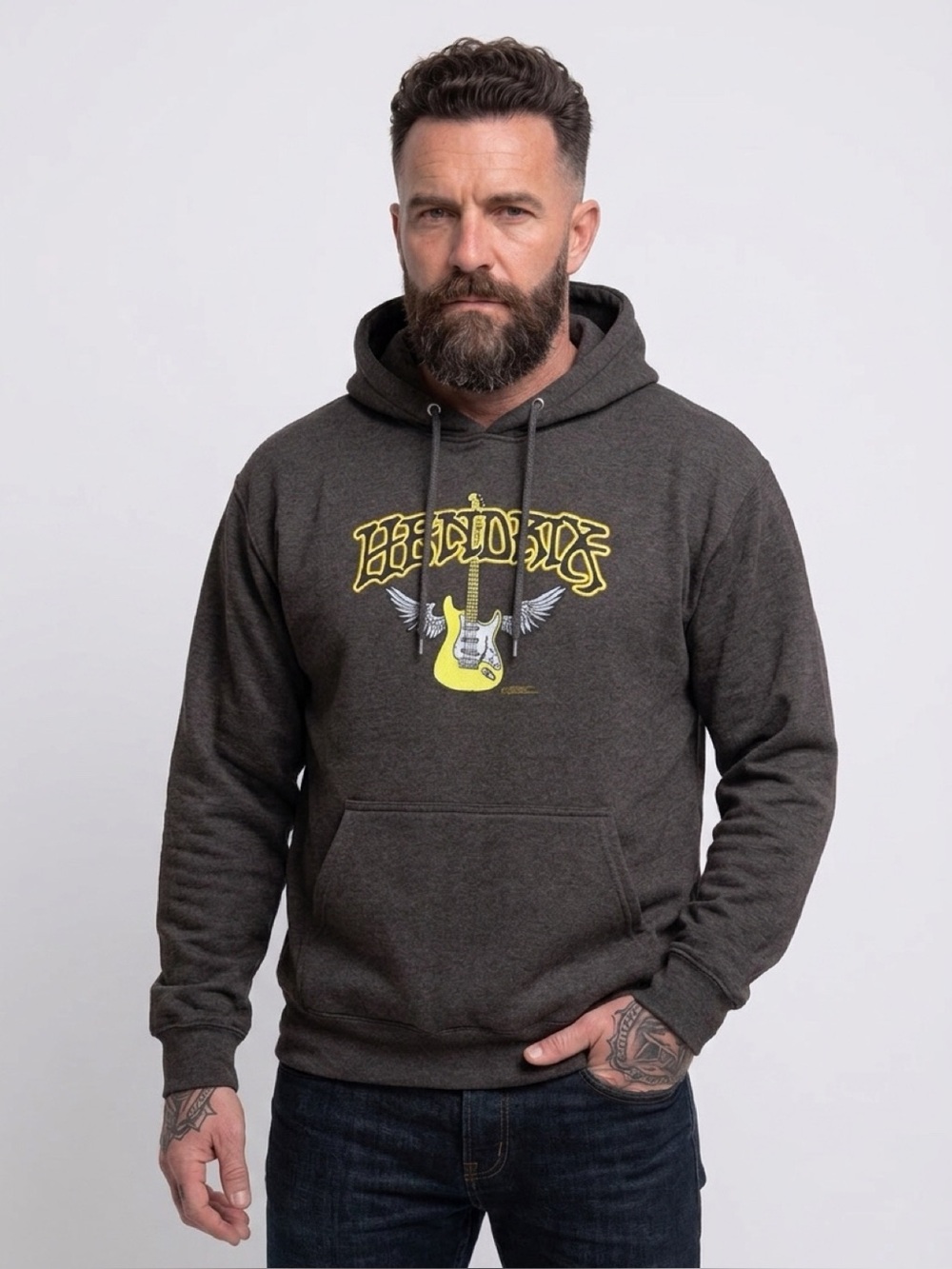 2005 Hendrix Zion Rootswear Charcoal Hoodie with Yellow Guitar Graphic